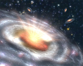 Artist's conception of a growing black hole at the center of a distant galaxy