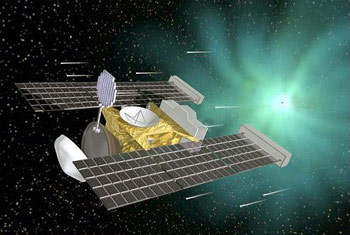 Artist's rendition of Stardust spacecraft approaching Comet Wild 2