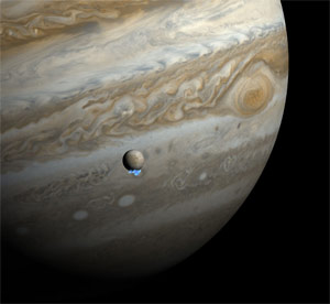 Artist's impression of Jupiter and its moon Europa using images in visible light and ultraviolet