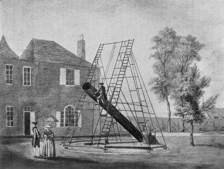 Drawing of the 20-foot telescope from The Scientific Papers of Sir William Herschel